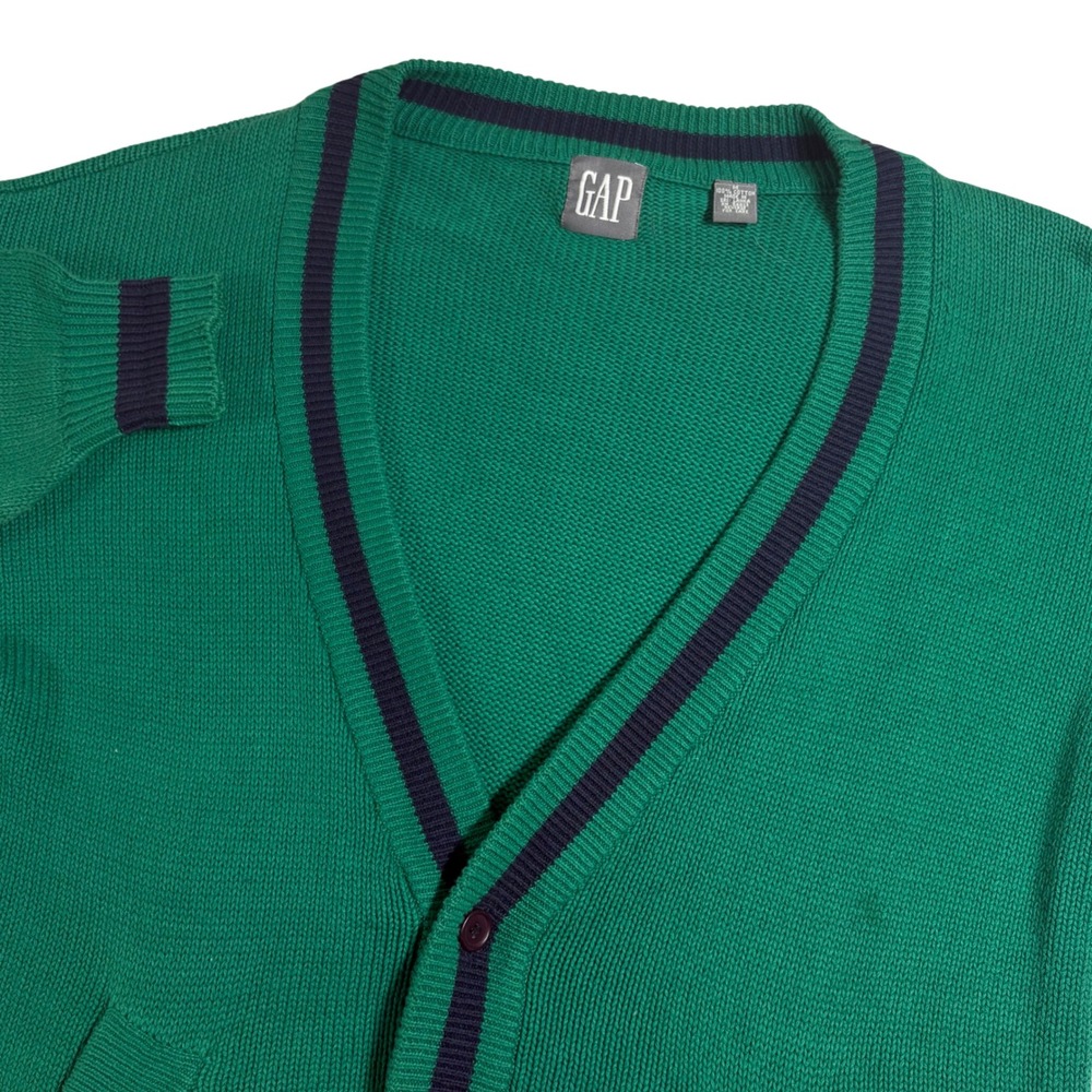 GAP Cardigan Sweater Mens Medium Green Navy Stripe V‎ Neck Button Front Grandpa